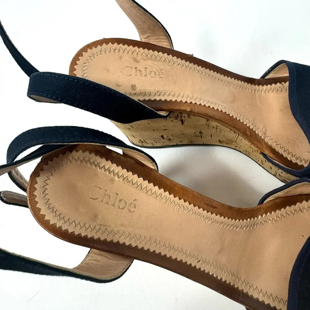 CHLOE Blue Wedge Open Toes Sandal Heel Size 40